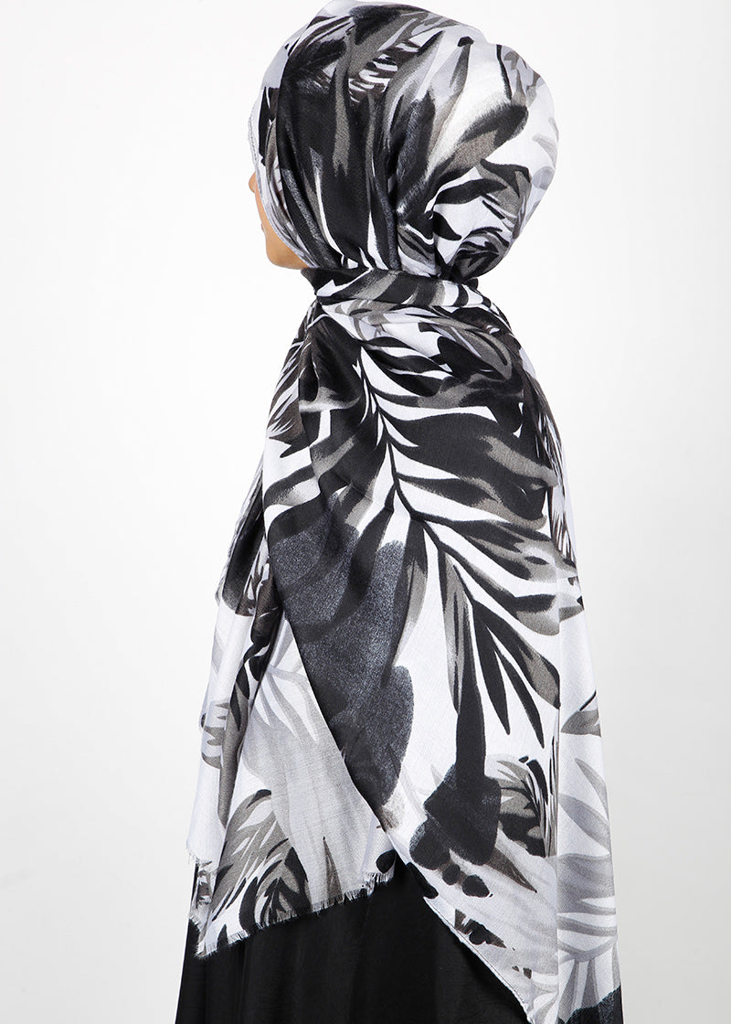 BeingMuslims Flowery Design Printed Black and White Viscose Hijab