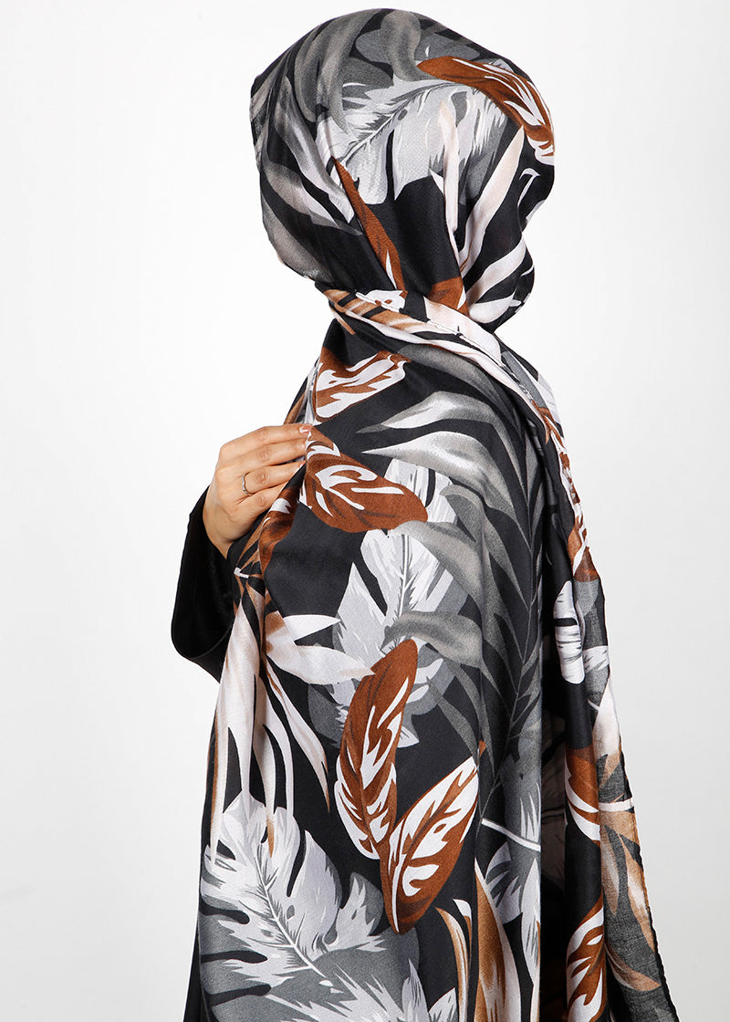 BeingMuslims Flowery Design Printed Brown and White Viscose Hijab
