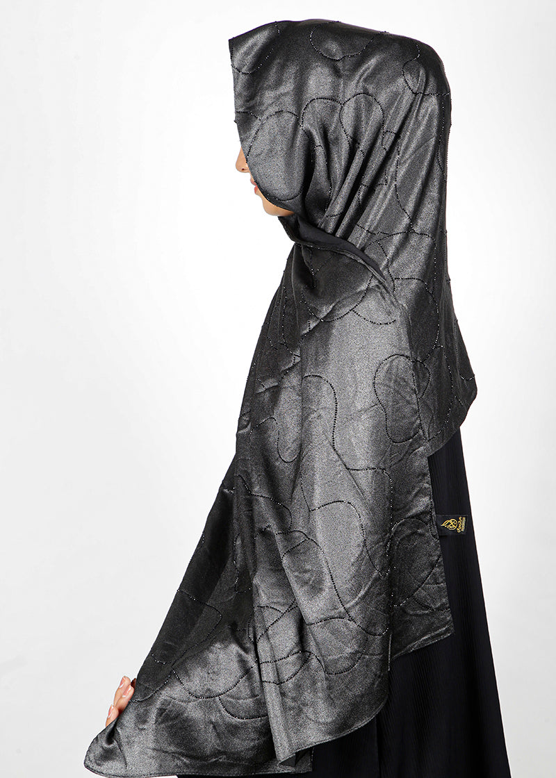 BeingMuslims Swarovski Work Black Satin Hijab