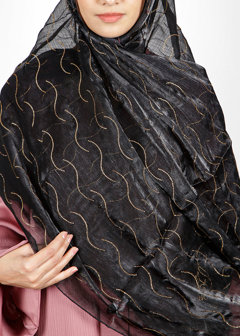 BeingMuslims Swarovski Work Black Organza Luxury Hijab