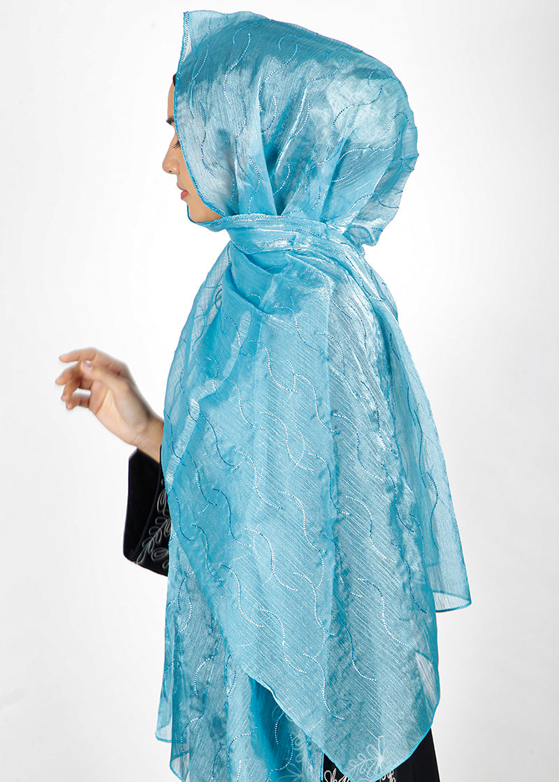 BeingMuslims Swarovski Work Electric Blue Organza Luxury Hijab