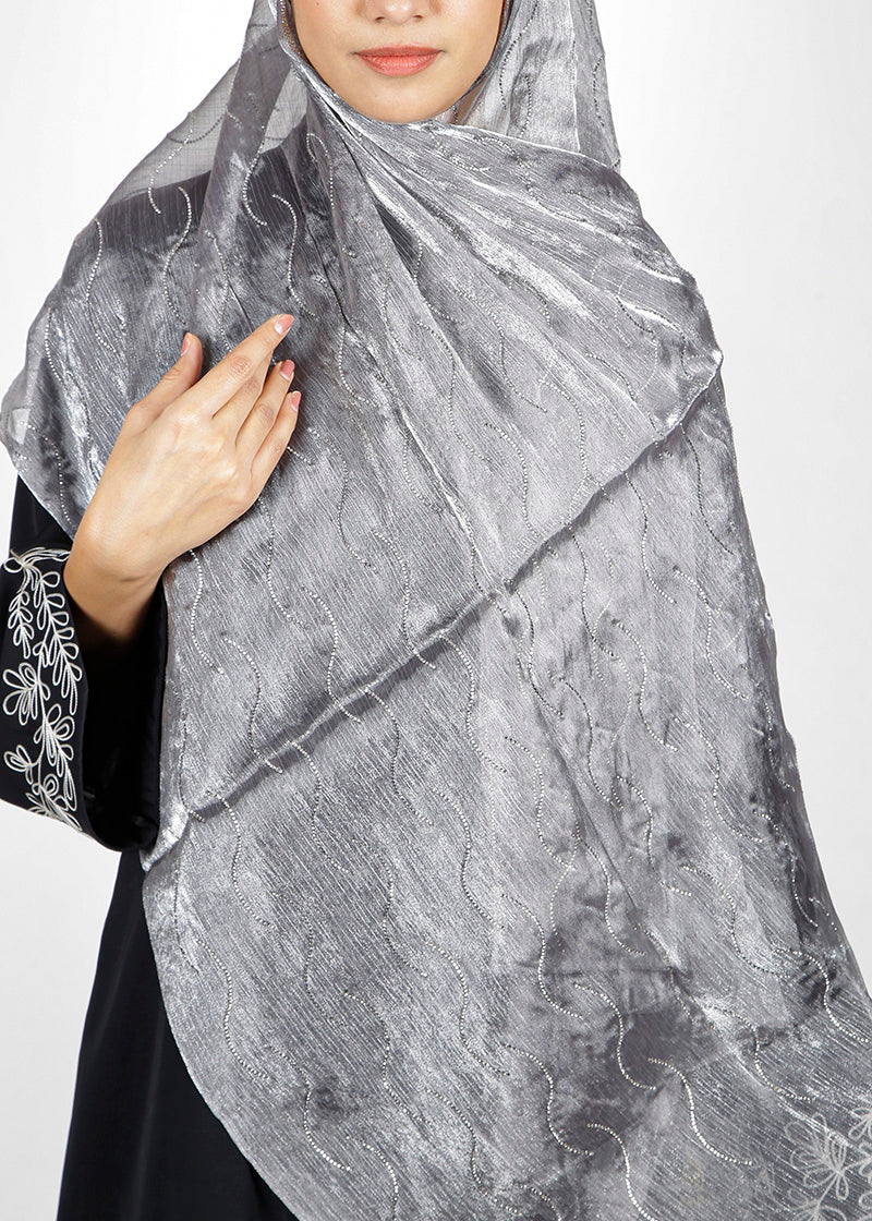 BeingMuslims Swarovski Work Grey Organza Luxury Hijab