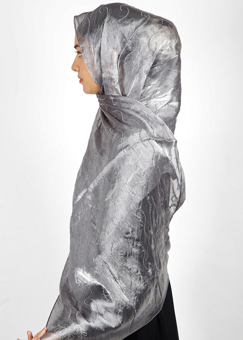 BeingMuslims Swarovski Work Grey Organza Luxury Hijab