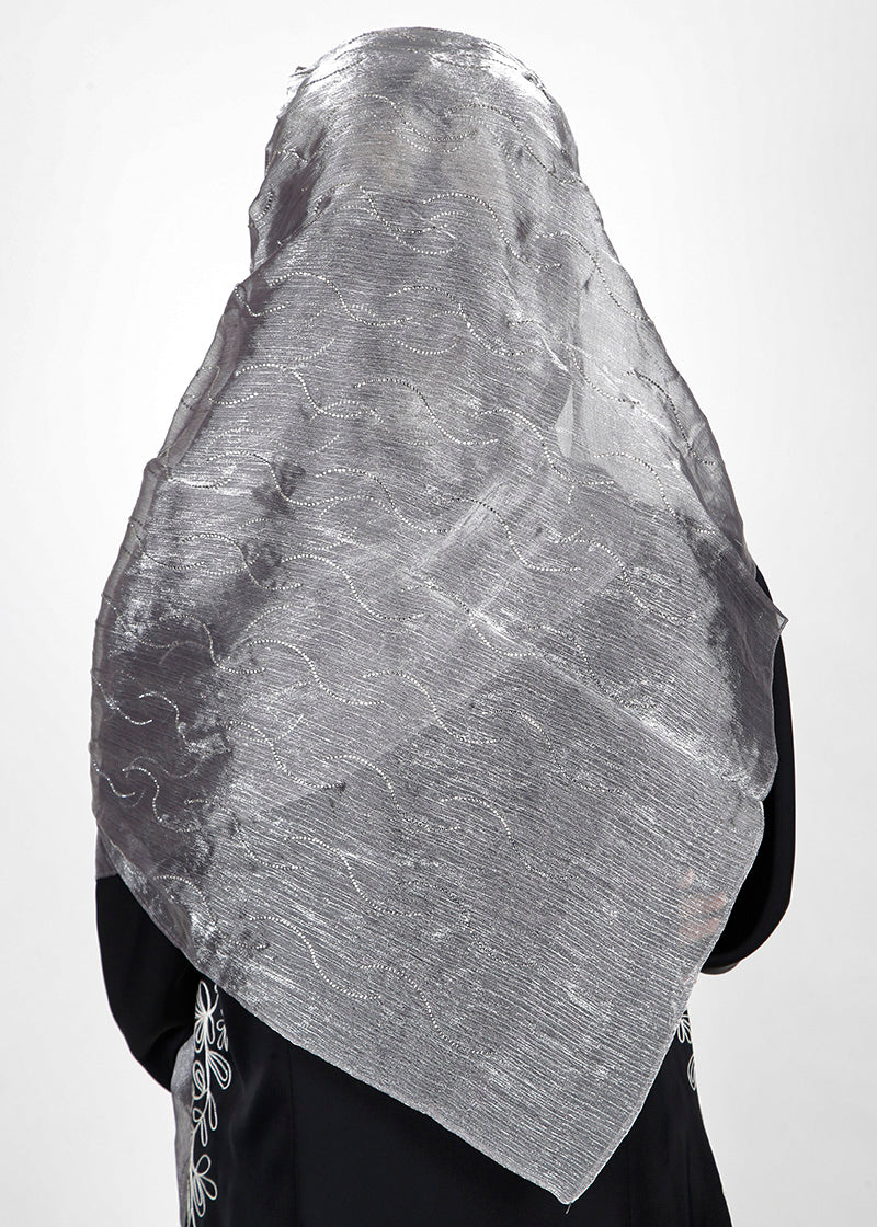 BeingMuslims Swarovski Work Grey Organza Luxury Hijab