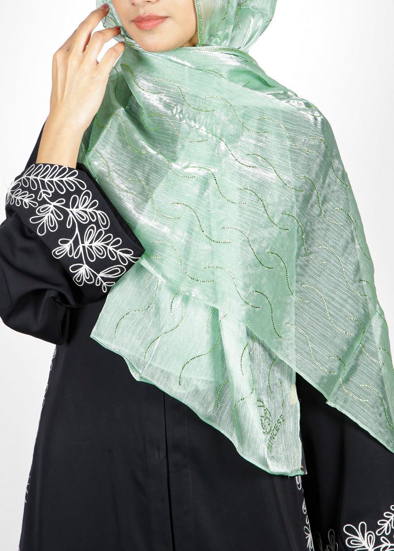 BeingMuslims Swarovski Work Mint Green Organza Luxury Hijab