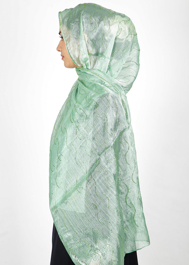 BeingMuslims Swarovski Work Mint Green Organza Luxury Hijab