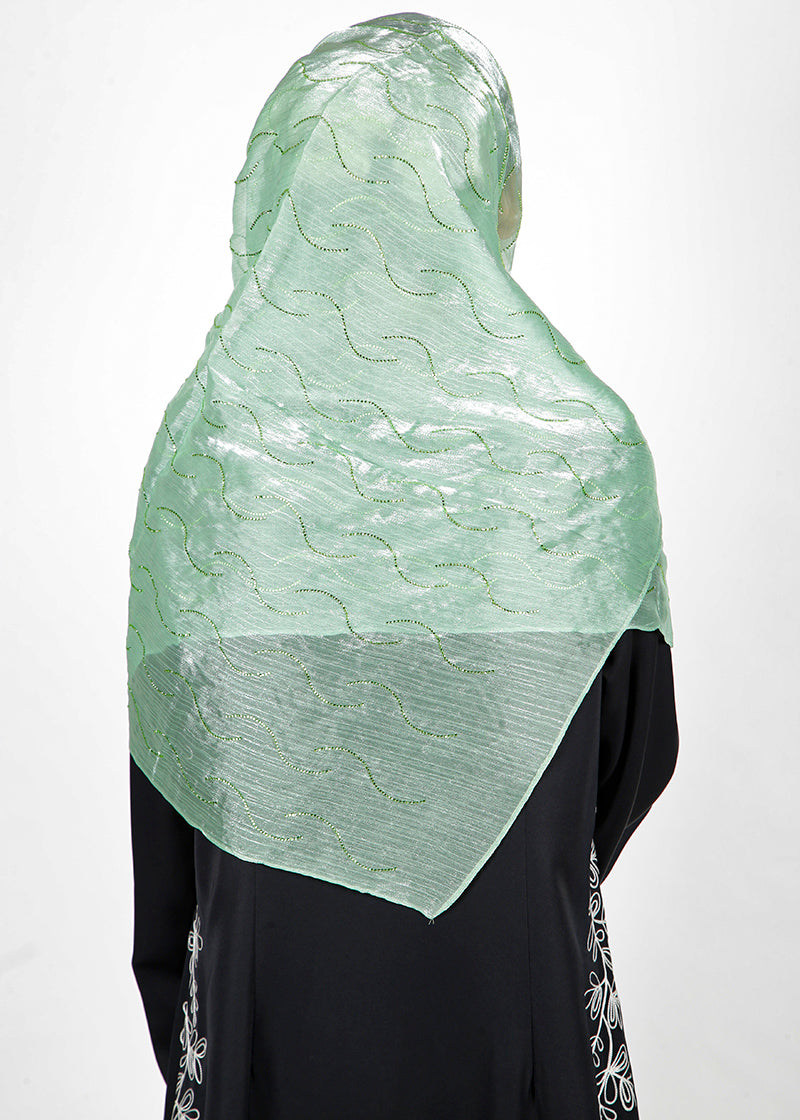 BeingMuslims Swarovski Work Mint Green Organza Luxury Hijab