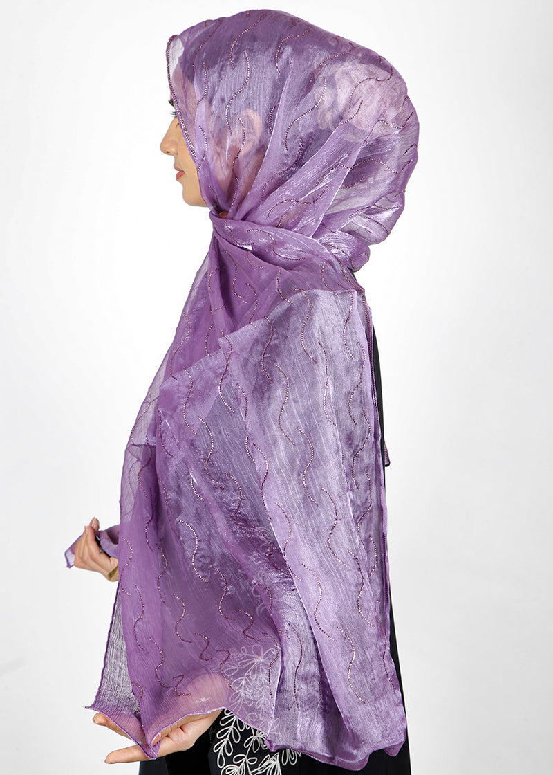 BeingMuslims Swarovski Work Purple Organza Luxury Hijab