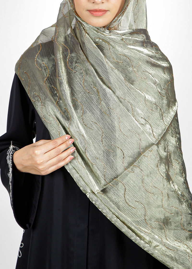 BeingMuslims Swarovski Work Sage Green Organza Luxury Hijab