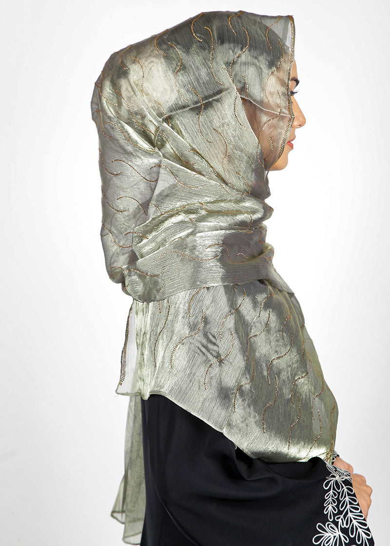 BeingMuslims Swarovski Work Sage Green Organza Luxury Hijab