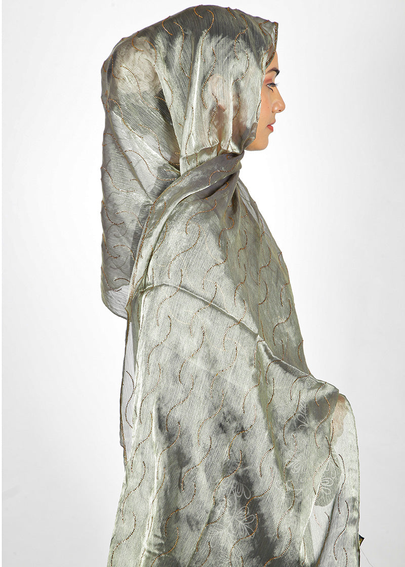 BeingMuslims Swarovski Work Sage Green Organza Luxury Hijab