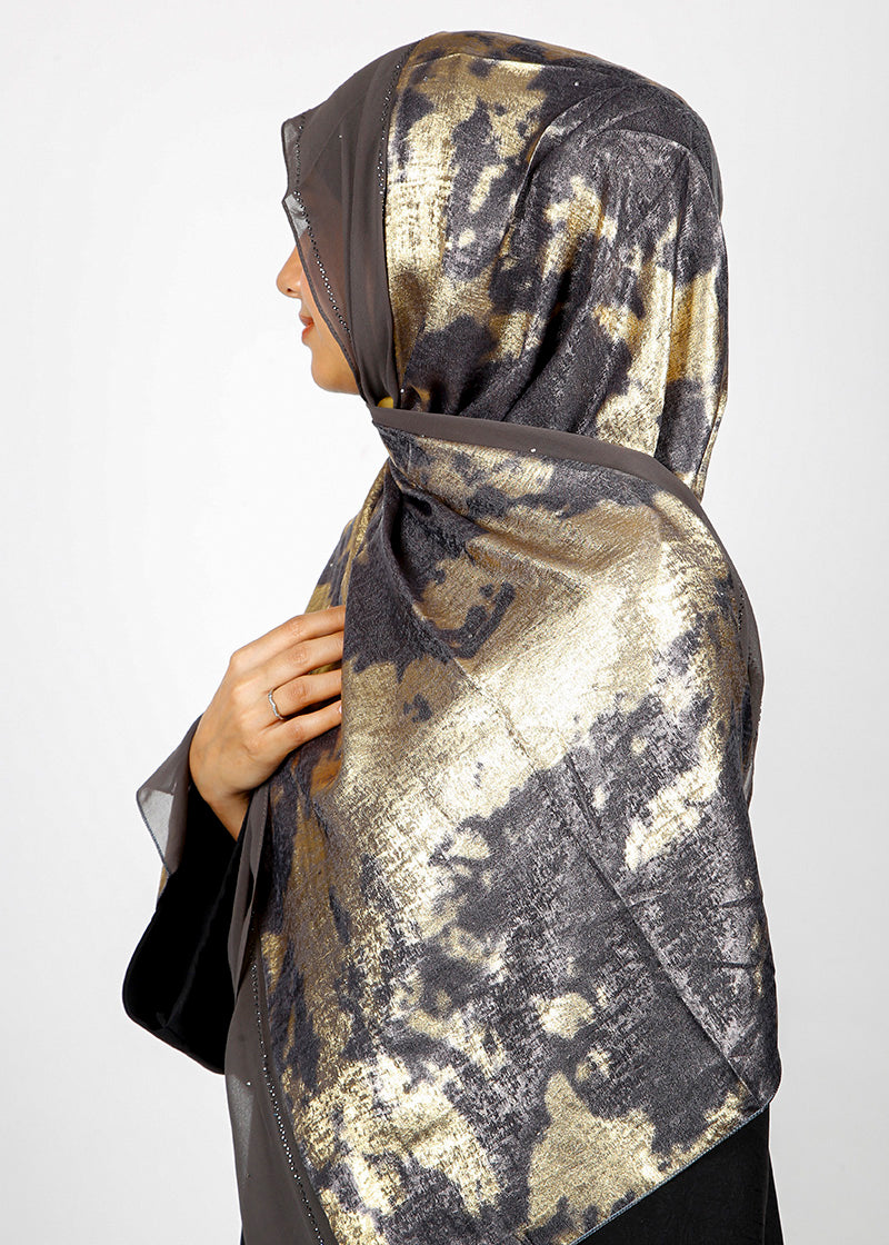 BeingMuslims Metallic Black and Gold Velvet Satin Luxury Hijab