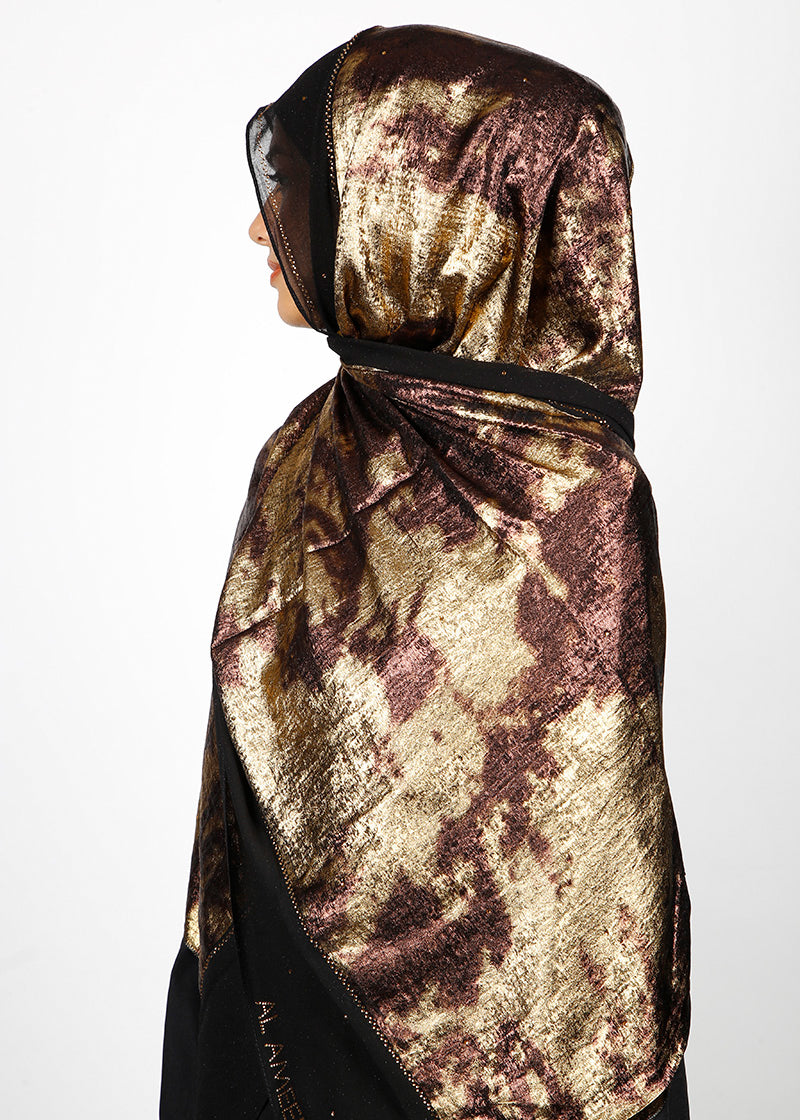 BeingMuslims Metallic Brown and Gold Velvet Satin Luxury Hijab