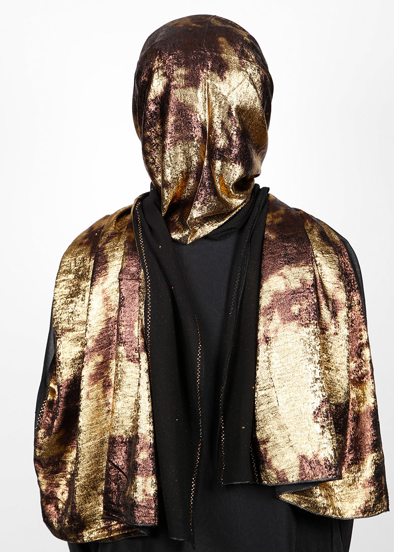 BeingMuslims Metallic Brown and Gold Velvet Satin Luxury Hijab