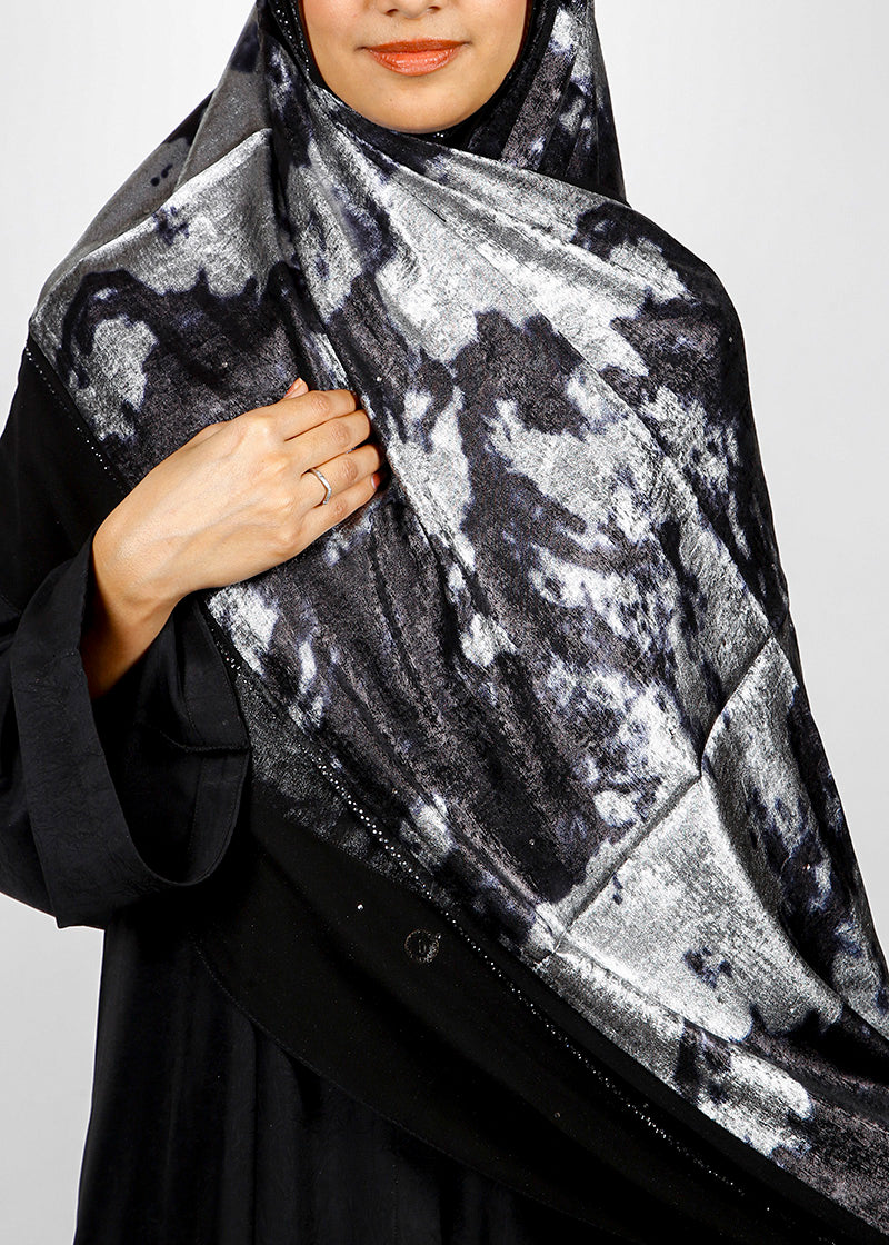 BeingMuslims Metallic Black and Silver Velvet Satin Luxury Hijab