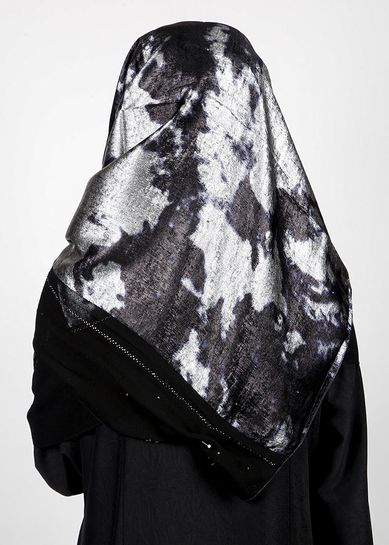 BeingMuslims Metallic Black and Silver Velvet Satin Luxury Hijab