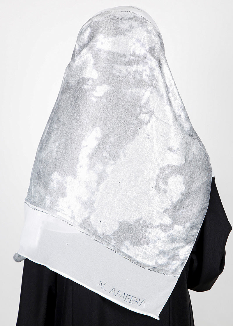 BeingMuslims Metallic White and Grey Velvet Satin Luxury Hijab