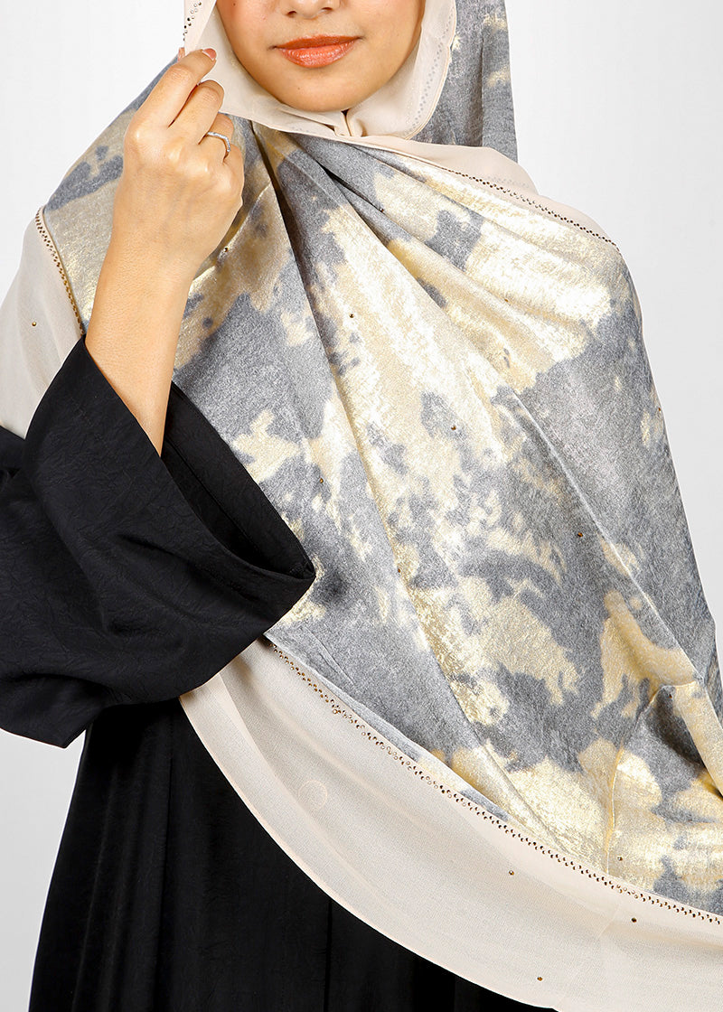 BeingMuslims Metallic Gold and Grey Velvet Satin Luxury Hijab