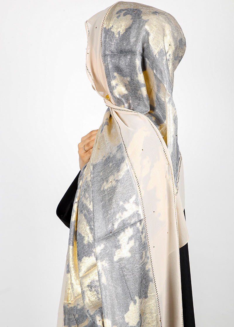 BeingMuslims Metallic Gold and Grey Velvet Satin Luxury Hijab