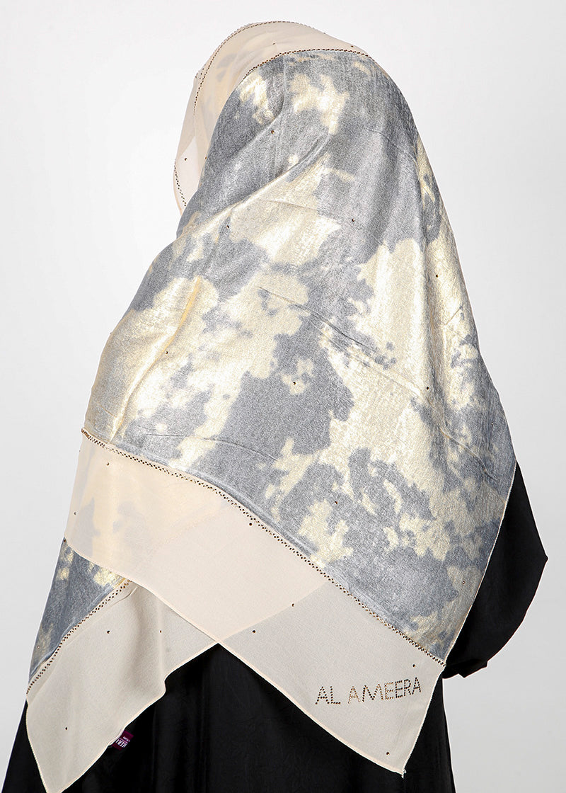 BeingMuslims Metallic Gold and Grey Velvet Satin Luxury Hijab