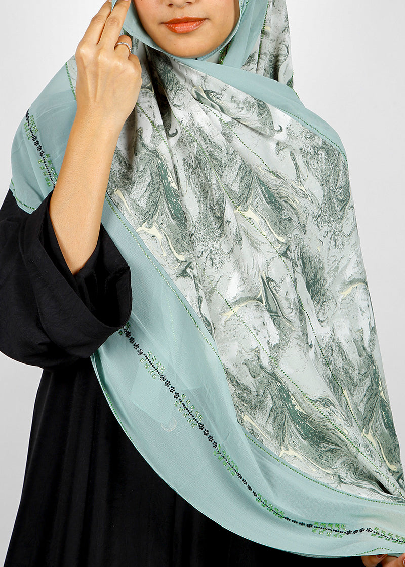 BeingMuslims Marble Print SeaFoam Green Satin Luxury Hijab