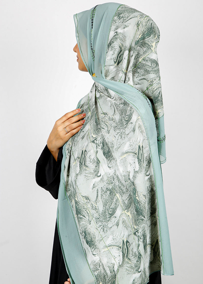 BeingMuslims Marble Print SeaFoam Green Satin Luxury Hijab