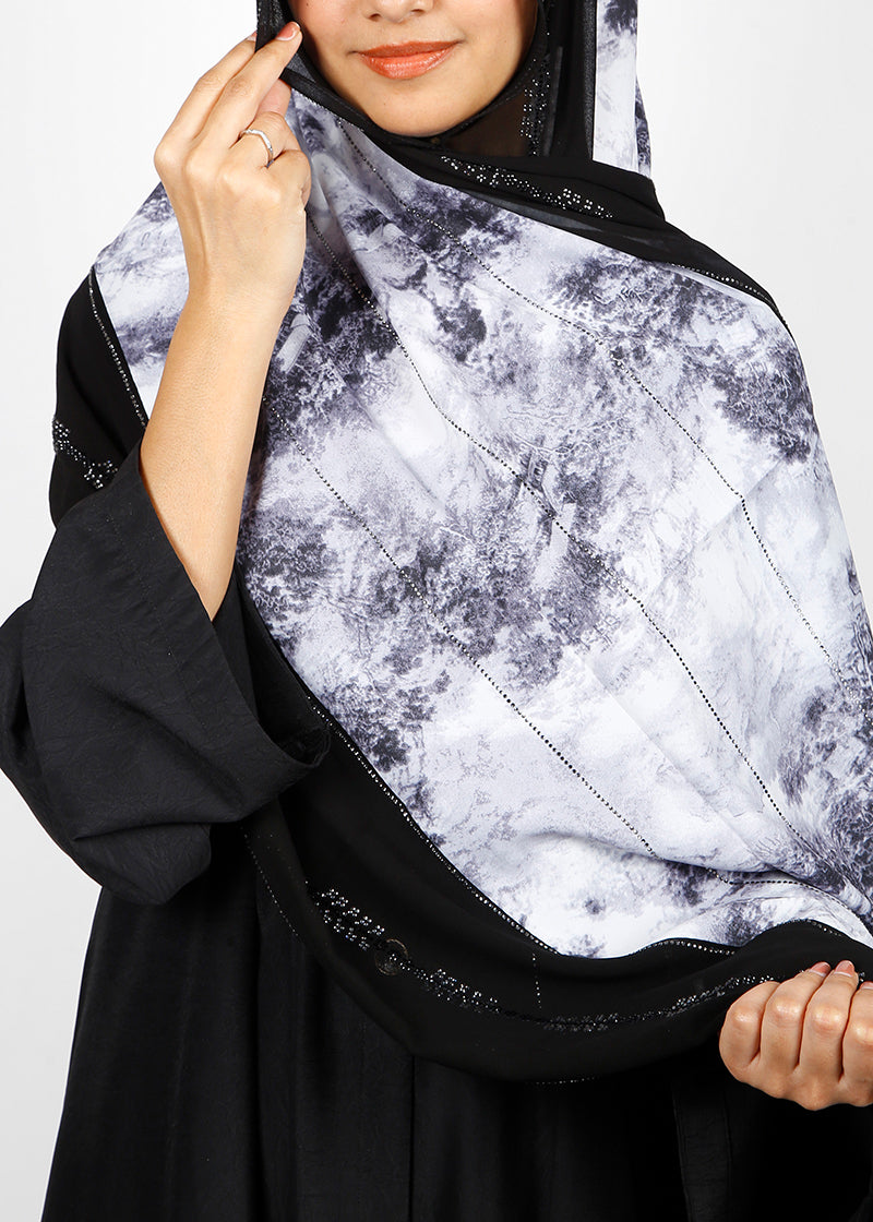 BeingMuslims Marble Print Black And White Satin Luxury Hijab