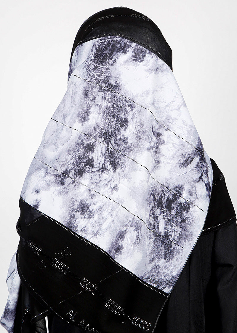 BeingMuslims Marble Print Black And White Satin Luxury Hijab