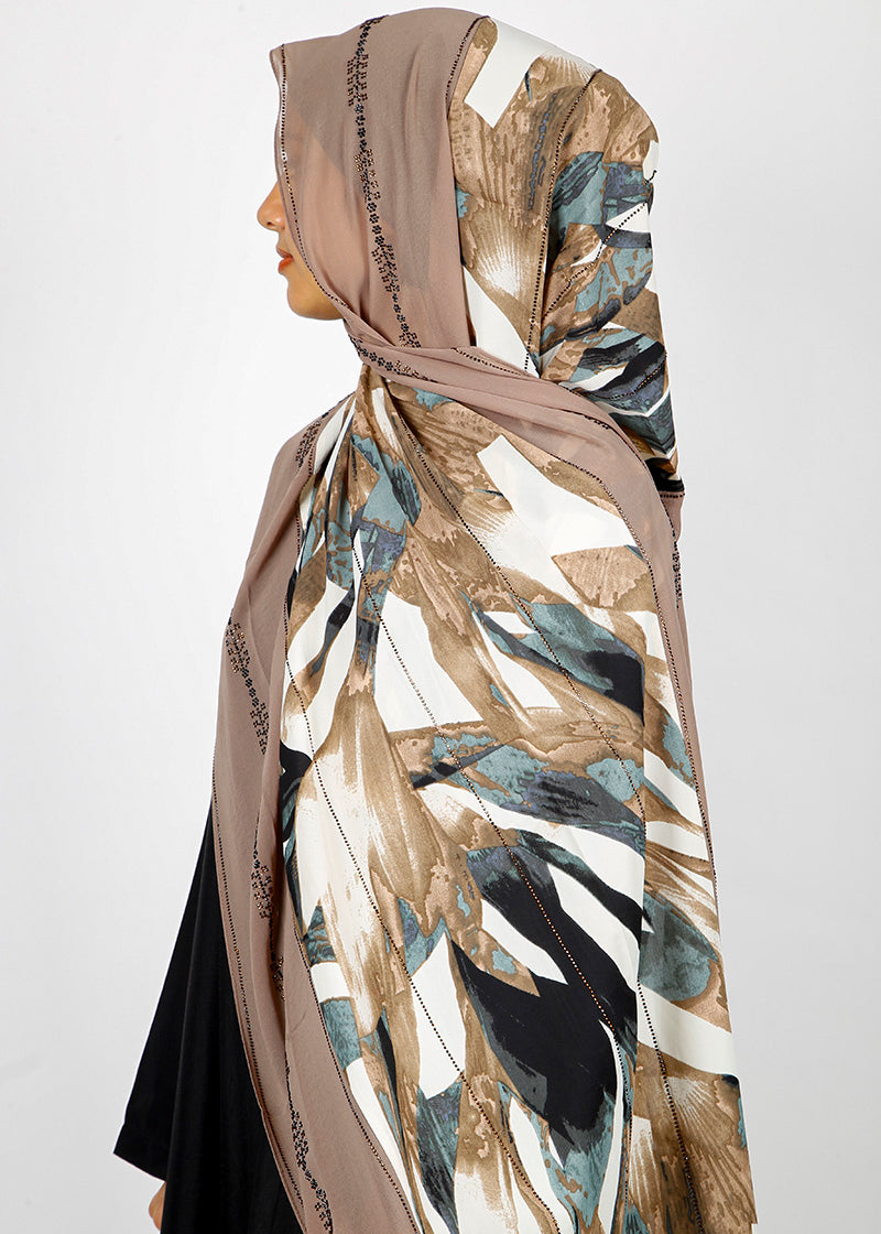 BeingMuslims Marble Print White and Brown Luxury Hijab