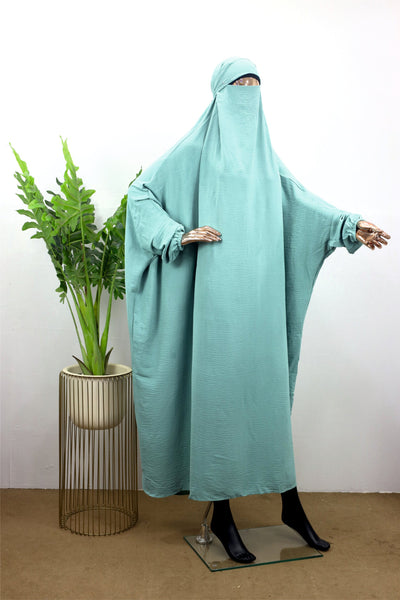 One-Piece Crinkle Nida Saudi Jilbab with Attached Niqab-Tie-Back