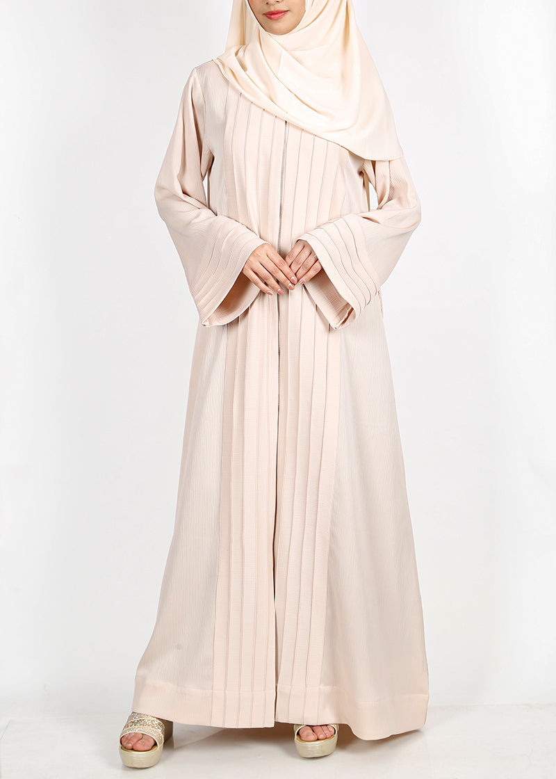 BeingMuslims Cascade Pleated Elegant Cream Abaya