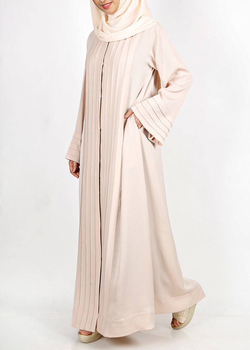 BeingMuslims Cascade Pleated Elegant Cream Abaya