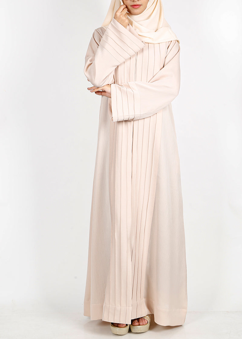 BeingMuslims Cascade Pleated Elegant Cream Abaya