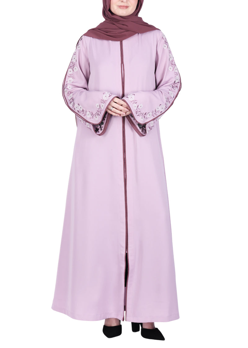 Being Muslims Contrast Sleeve Embroidery Light Purple Qatari Nida Abaya