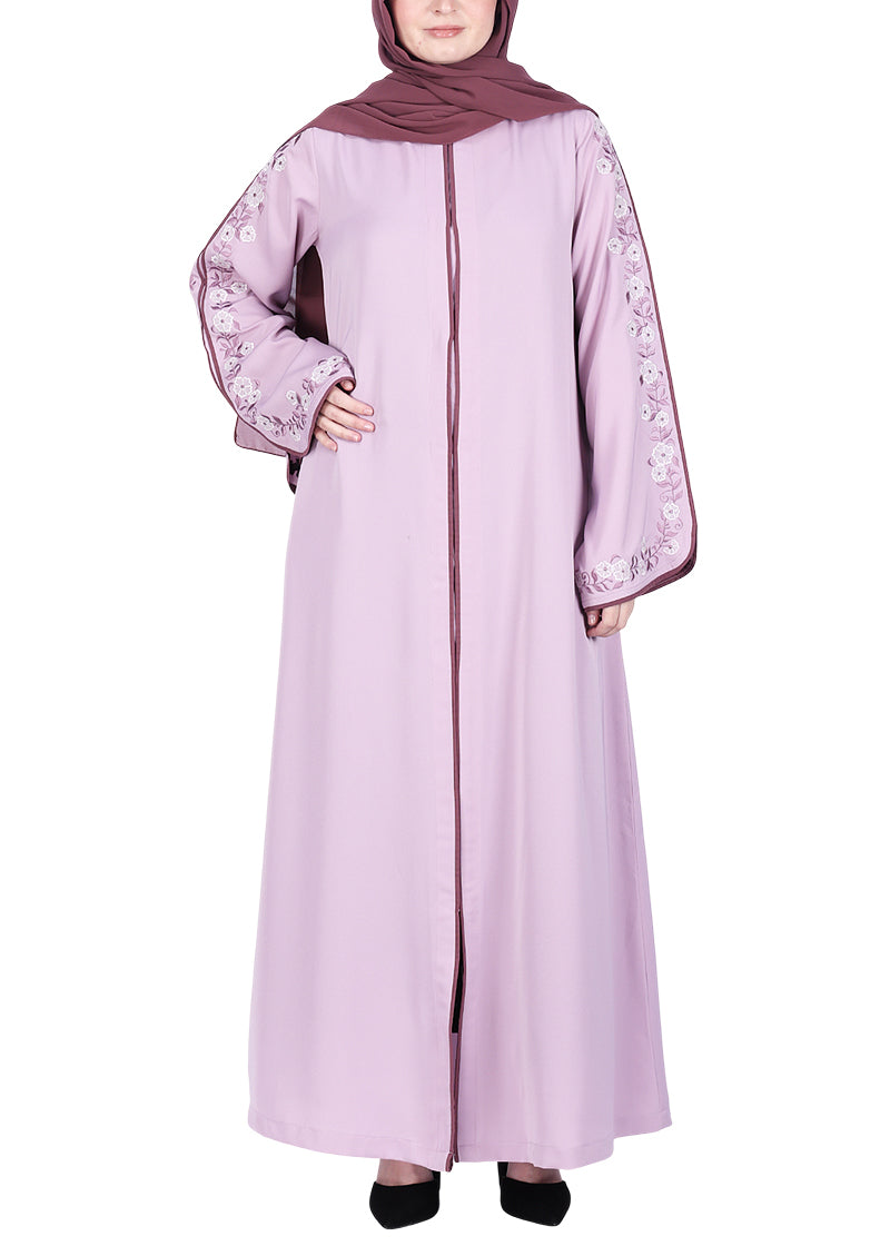 Being Muslims Contrast Sleeve Embroidery Light Purple Qatari Nida Abaya