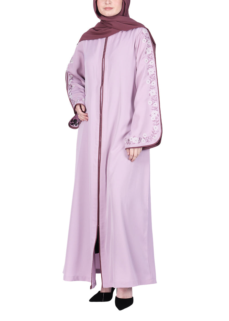 Being Muslims Contrast Sleeve Embroidery Light Purple Qatari Nida Abaya