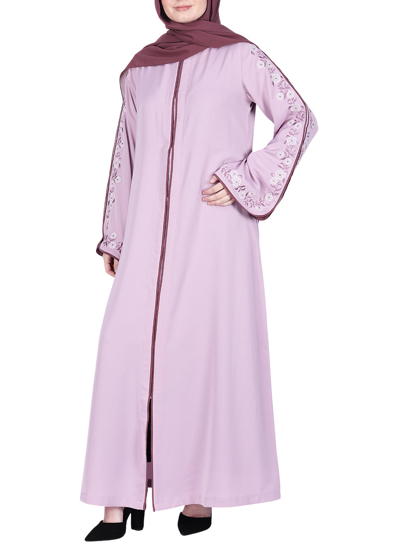 Being Muslims Contrast Sleeve Embroidery Light Purple Qatari Nida Abaya