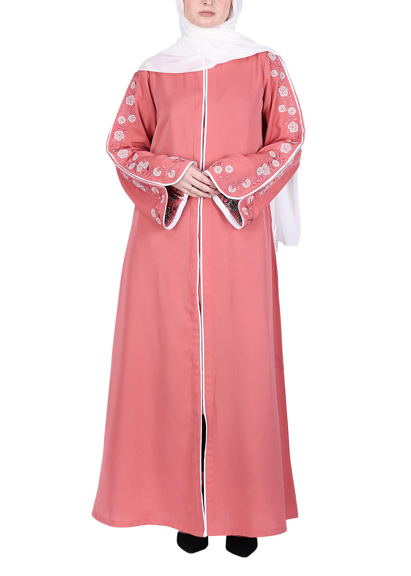 Being Muslims Contrast Sleeve Embroidery Rose Peach Qatari Nida Abaya