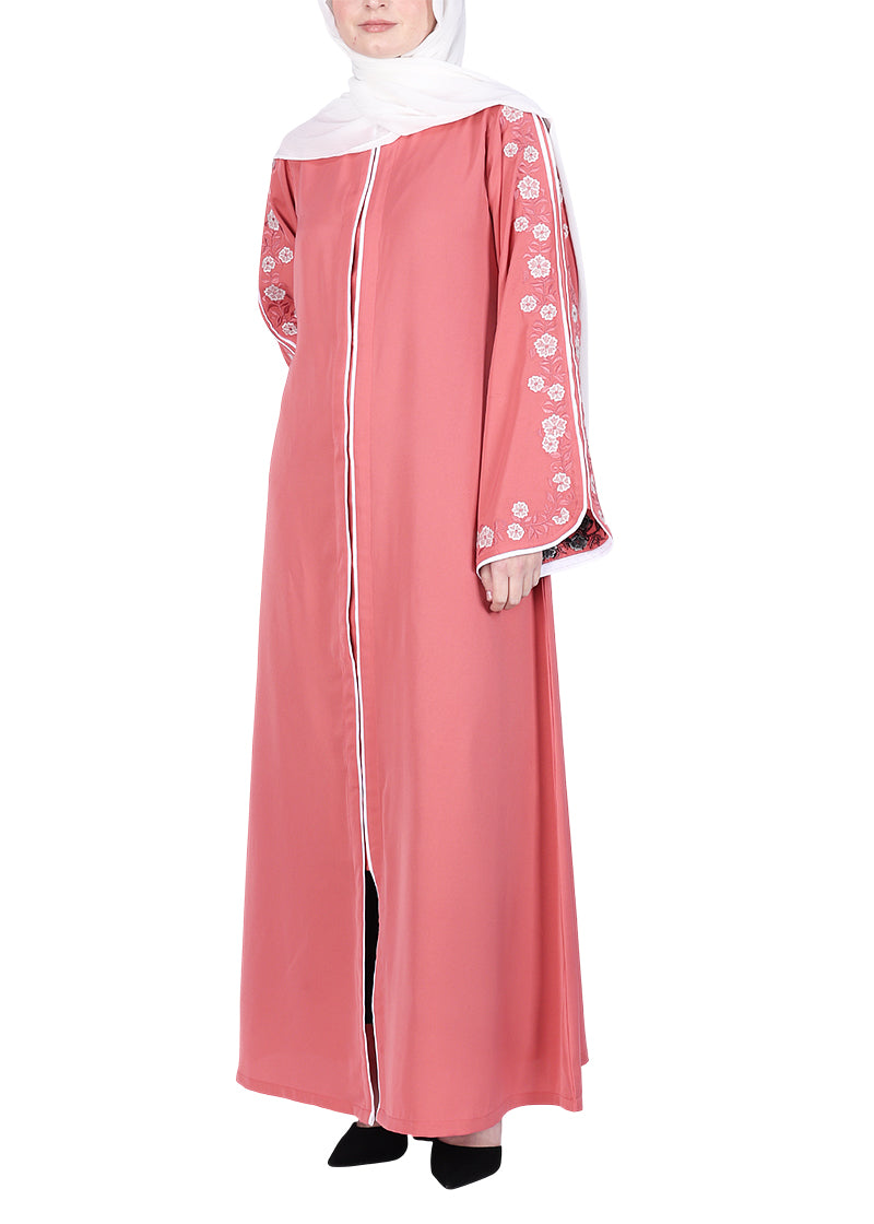 Being Muslims Contrast Sleeve Embroidery Rose Peach Qatari Nida Abaya