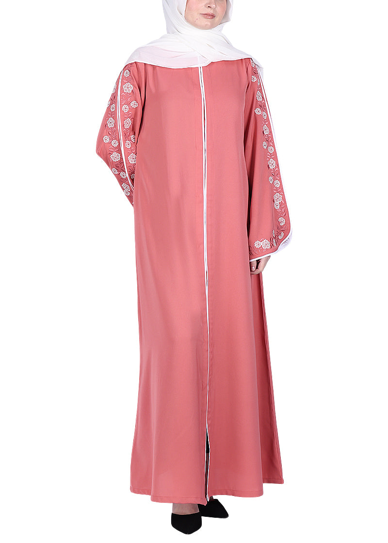 Being Muslims Contrast Sleeve Embroidery Rose Peach Qatari Nida Abaya