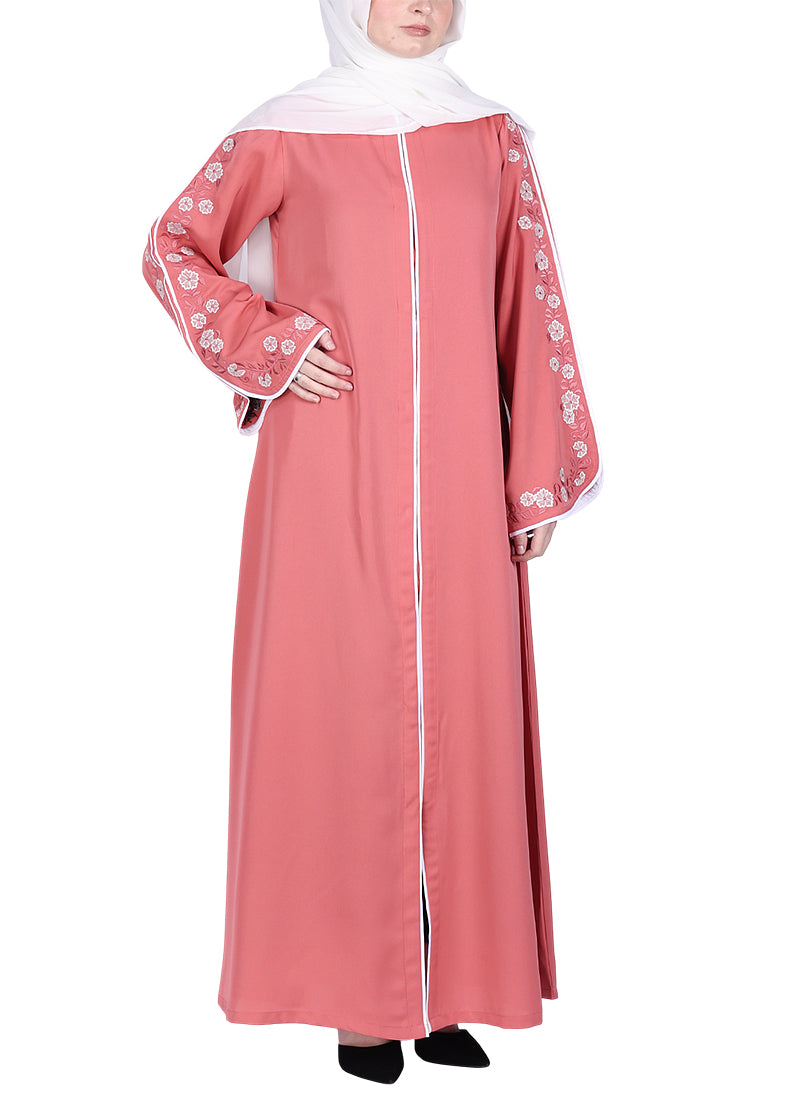 Being Muslims Contrast Sleeve Embroidery Rose Peach Qatari Nida Abaya