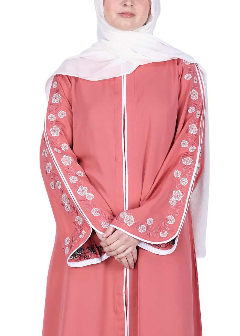 Being Muslims Contrast Sleeve Embroidery Rose Peach Qatari Nida Abaya