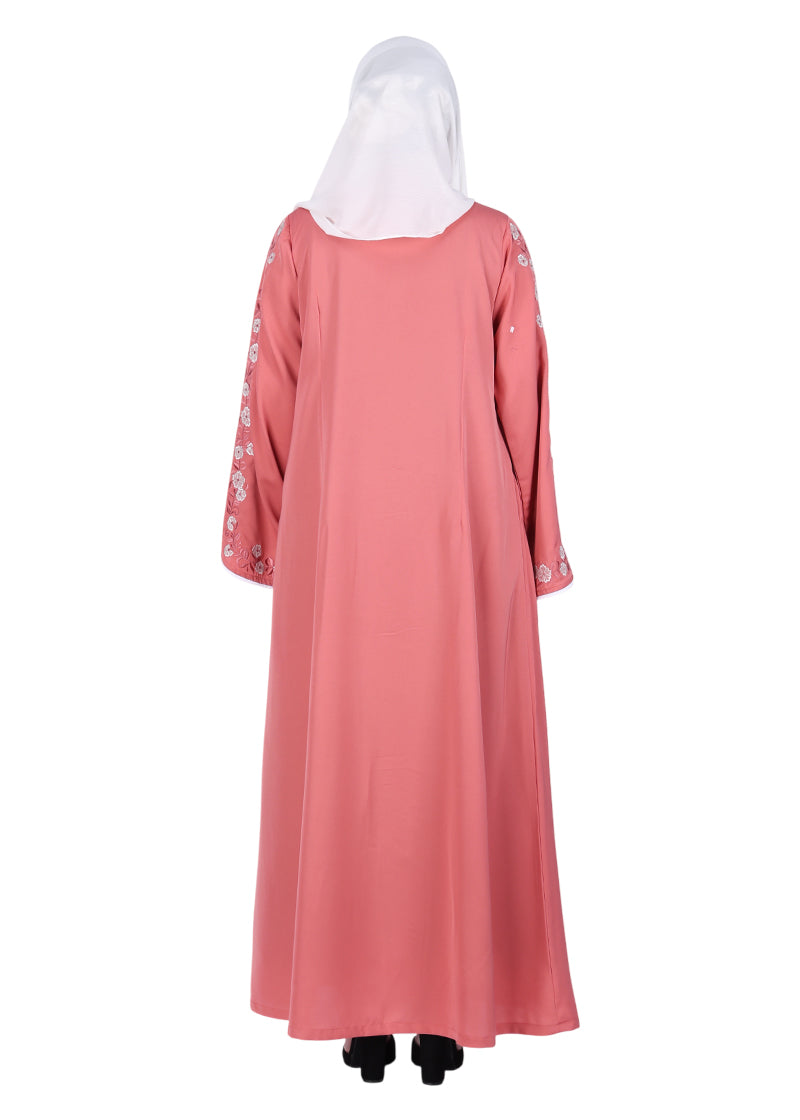 Being Muslims Contrast Sleeve Embroidery Rose Peach Qatari Nida Abaya
