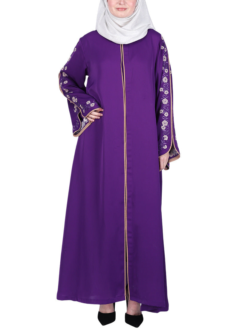 Being Muslims Contrast Sleeve Embroidery Purple Qatari Nida Abaya