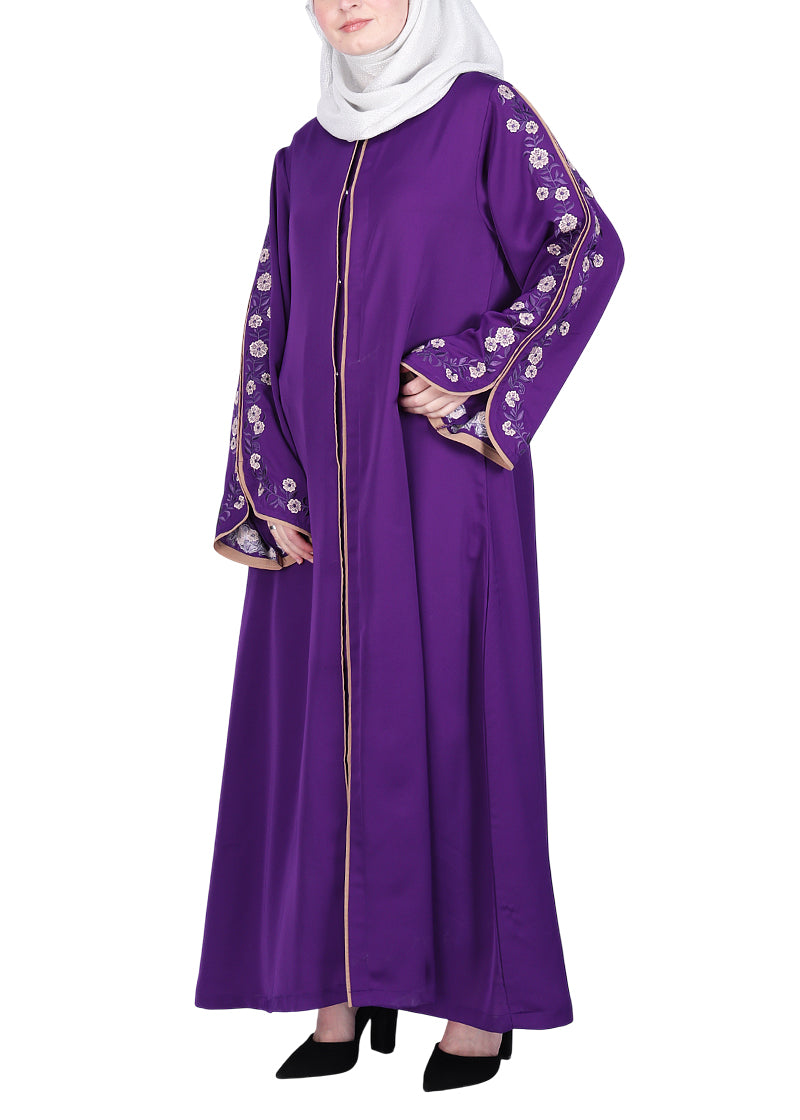 Being Muslims Contrast Sleeve Embroidery Purple Qatari Nida Abaya