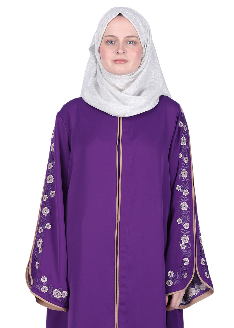 Being Muslims Contrast Sleeve Embroidery Purple Qatari Nida Abaya