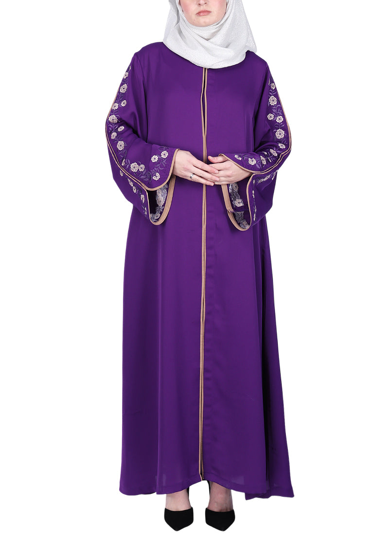 Being Muslims Contrast Sleeve Embroidery Purple Qatari Nida Abaya