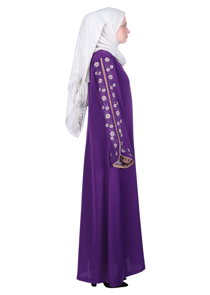 Being Muslims Contrast Sleeve Embroidery Purple Qatari Nida Abaya