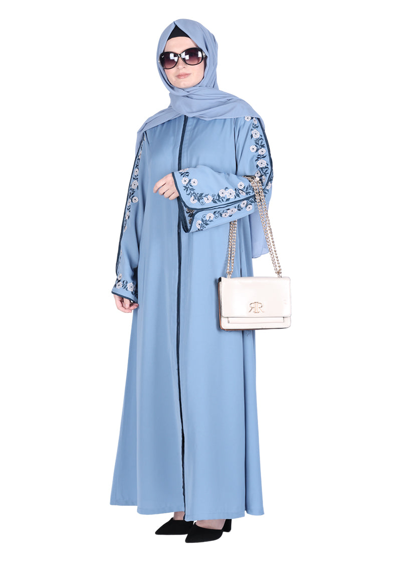 Being Muslims Contrast Sleeve Embroidery Sky Blue Qatari Nida Abaya