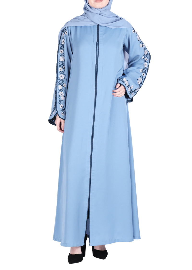 Being Muslims Contrast Sleeve Embroidery Sky Blue Qatari Nida Abaya